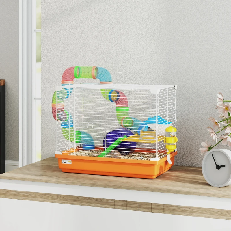 PawHut 18"L Hamster Cage, Small Animal House, 2-Level Rat Gerbil Haven with Tunnel Tube System, Orange