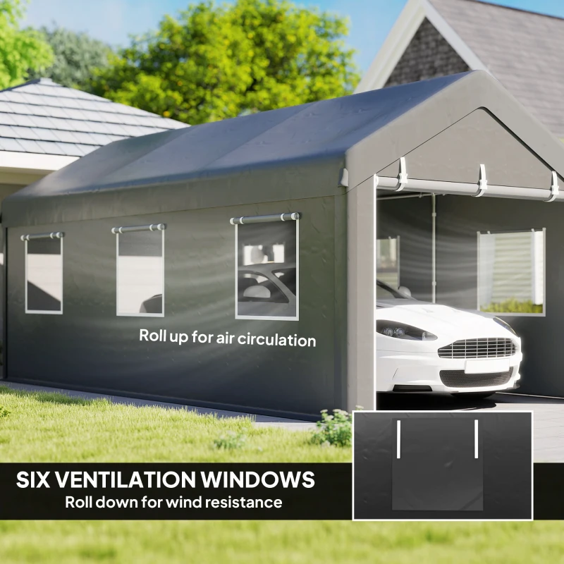 Outsunny 10' x 20' Carport, Heavy Duty Portable Garage with 6 Mesh Windows and 2 Doors, Dark Grey