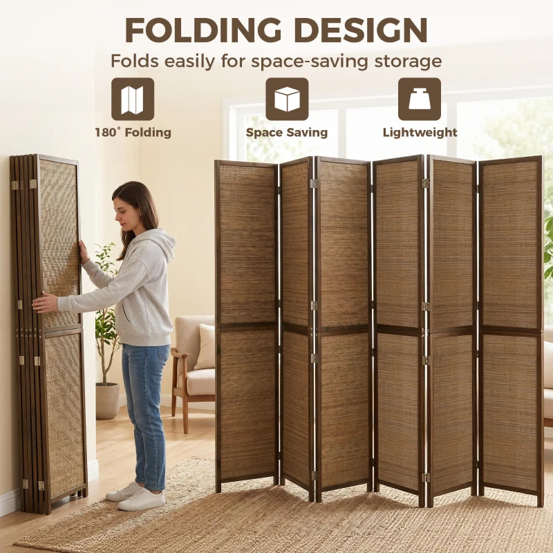 HOMCOM Room Divider, 6 Panel Folding Privacy Screen, 6 FT Tall Hand-Woven Bamboo Wall Partition, Brown