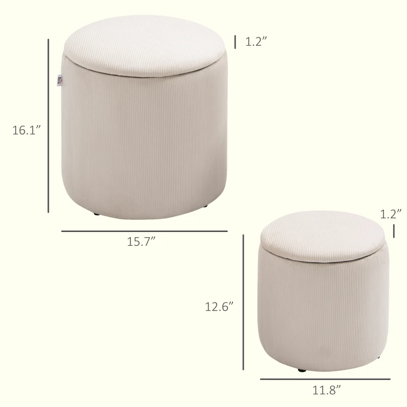 HOMCOM Corduroy Stool, Ottoman with Storage Set of 2, Removable Wood Lid, Hidden Space, Cream White