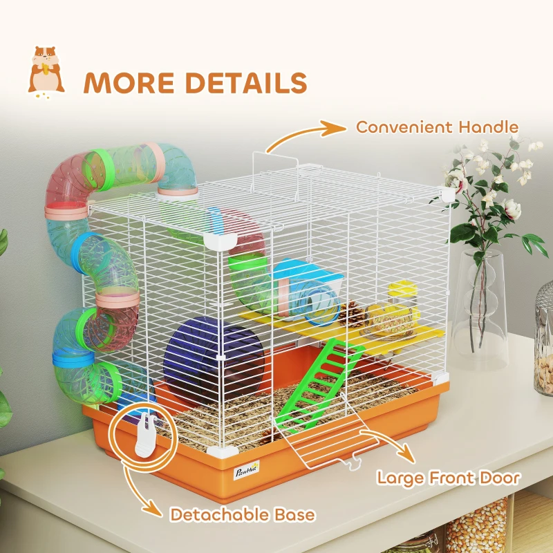 PawHut 18"L Hamster Cage, Small Animal House, 2-Level Rat Gerbil Haven with Tunnel Tube System, Orange