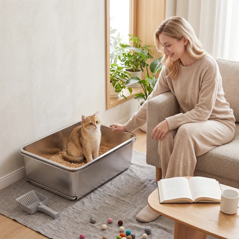 PawHut Stainless Steel Litter Box, XL Sifting Cat Litter Box for Medium, Large Cat, Non-Sticky, Odour Free, Easy Clean, Silver