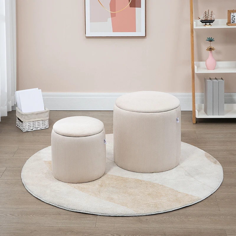 HOMCOM Corduroy Stool, Ottoman with Storage Set of 2, Removable Wood Lid, Hidden Space, Cream White