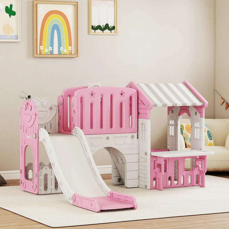 Qaba 7-in-1 Toddler Slide, Kids Slide Climber Playset with Playhouse and Basketball Hoop for 1-4 Years, Pink