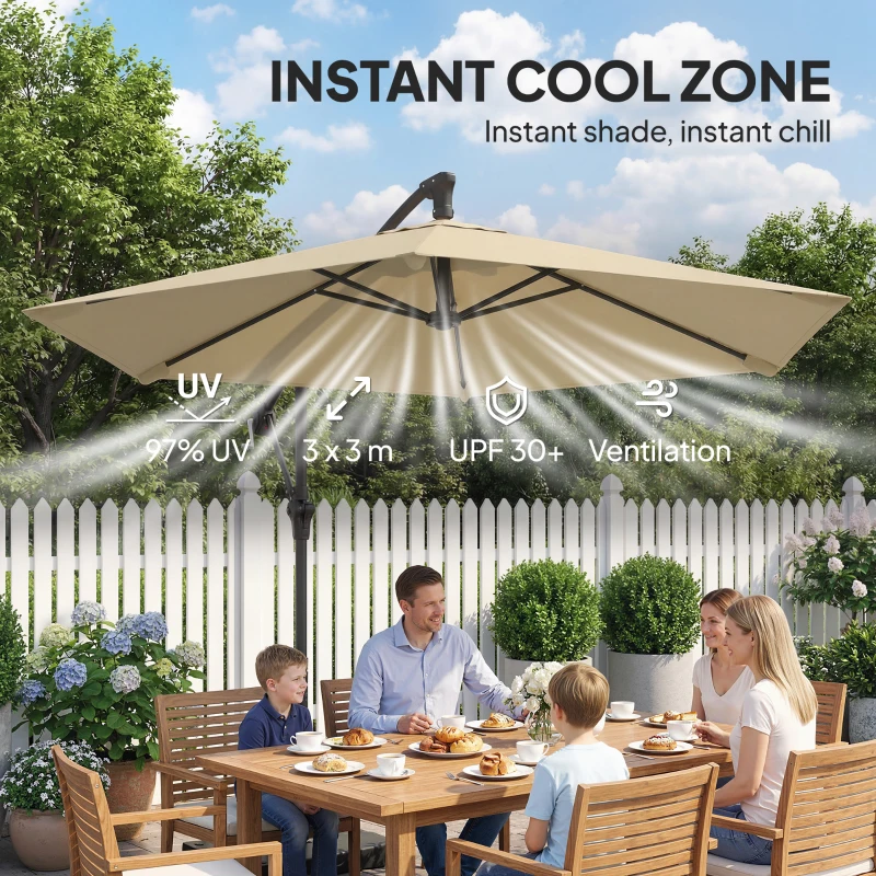 Outsunny 9.7 ft Offset Patio Umbrella with Water/Sand Fillable Weights, Garden Hanging Parasol with Locking Latch, Khaki