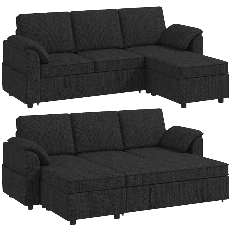 HOMCOM Sectional Sofa Bed Reversible Pull Out Sleeper Sofa Storage Ottoman, Black
