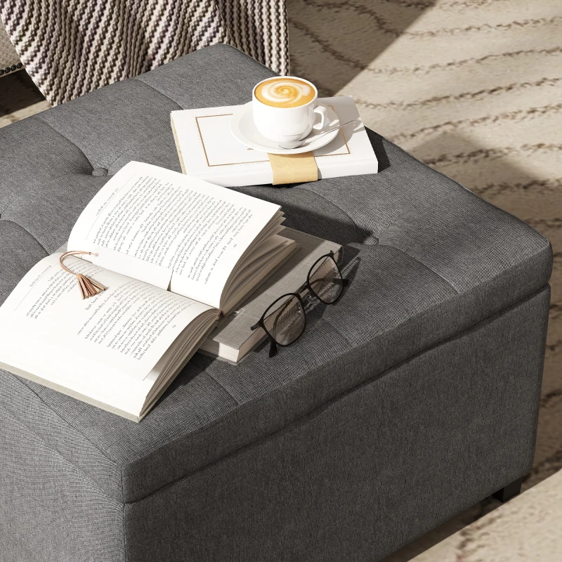 HOMCOM Round Storage Ottoman Bench, Button Tufted Ottoman with Flip Top for Living Room, Entryway and Bedroom, Gray