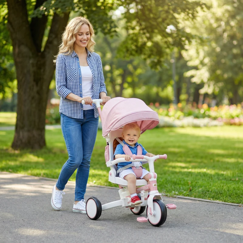 Qaba 7 in 1 Tricycle Stroller for Toddler 1-5 Years w/ Adjustable Push Handle, Rotatable Seat, Removable Canopy, Pink