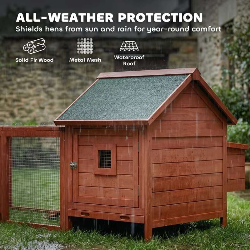PawHut 72" Chicken Coop, Wooden Hen House for 2 Chickens, Poultry Cage with Run, Nesting Box, Removable Tray, Waterproof Roof