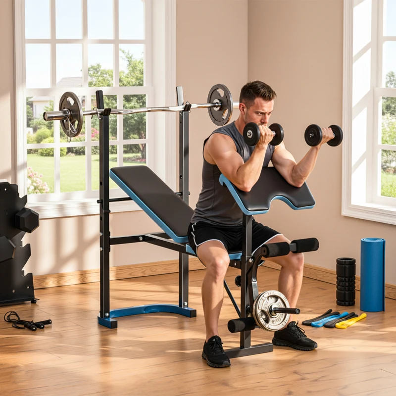 Soozier Adjustable Weight Bench with Barbell Rack and Leg Developer for Weight Lifting and Strength Training Multifunctional Workout Station for Home Gym Fitness, Black