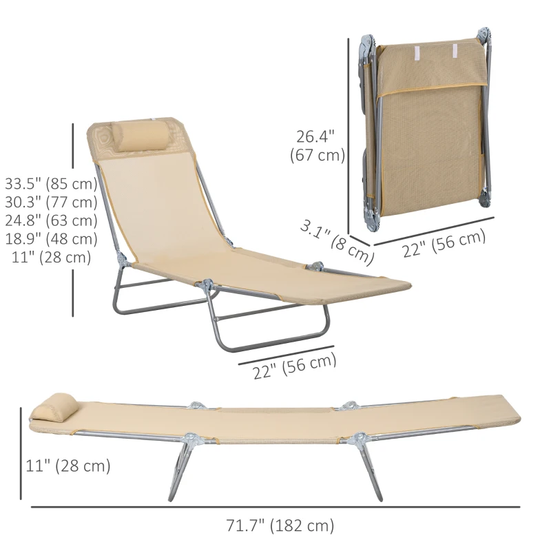 Outsunny Folding Outdoor Lounge Chair Set of 2, Reclining Tanning Chair with 5-Position Adjustable Backrest, Brown