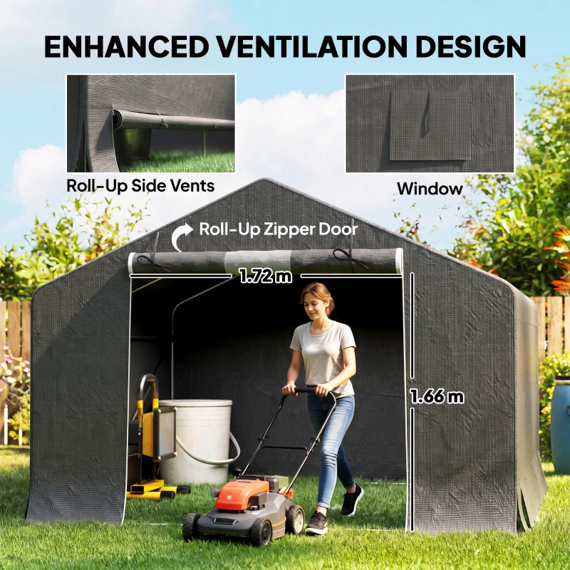 Outsunny 10' x 10' Portable Shed, Waterproof Bike Tent with Roll-up Zipper Door and Reinforced Galvanised Metal Frame, Dark Grey