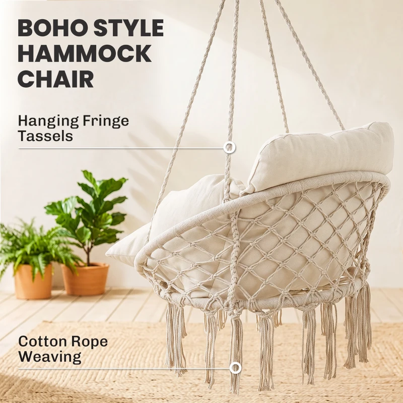 Outsunny Hammock Swing Chair, Macrame Hanging Chair with Large Cushion, Chain, Steel Frame for Indoor Outdoor Use, Cream White
