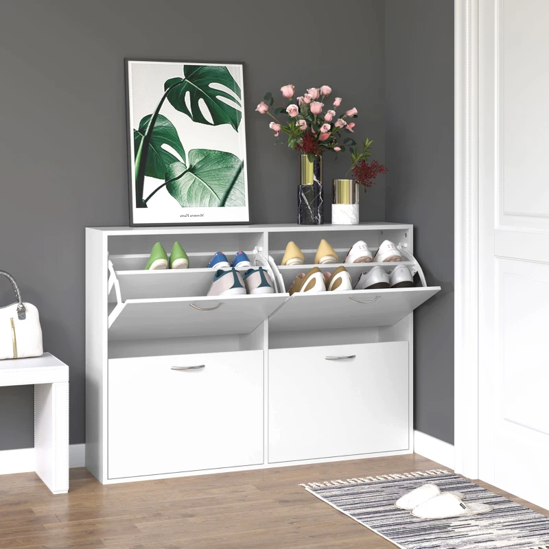 HOMCOM Flip Down Shoe Rack, Multi Cabinet, Wooden Shoe Shelf, Entryway, 4 Drawer Organizer, Freestanding Unit, White