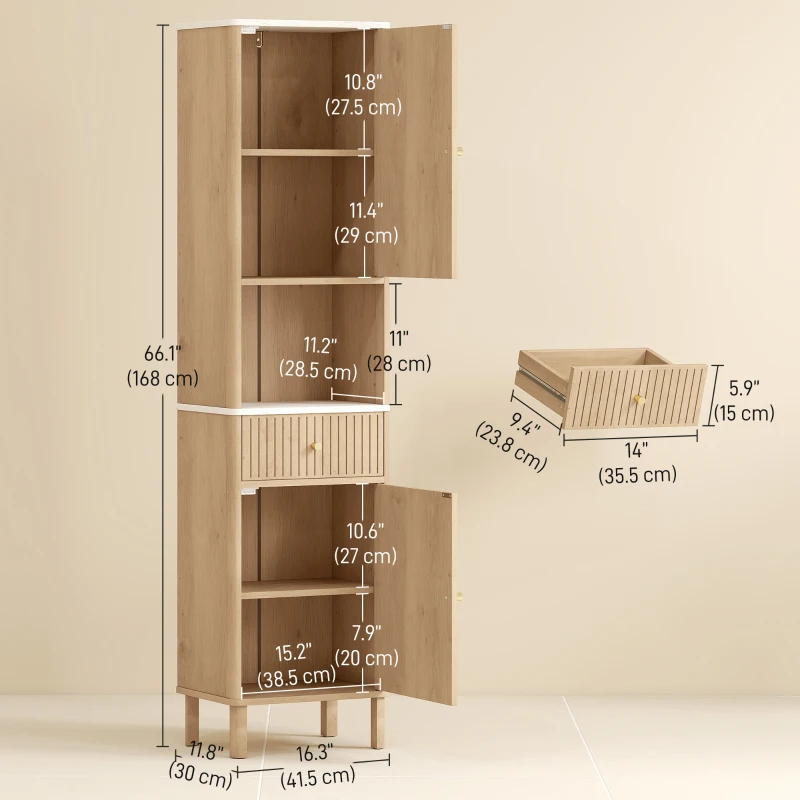 HOMCOM 66" Tall Bathroom Cabinet, Freestanding Slim Bathroom Storage Cabinet with Silent-Glide Drawer, Adjustable Shelves, Oak