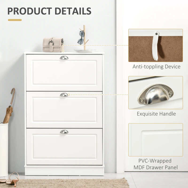 HOMCOM Shoe Cabinet, Narrow Shoe Storage Cabinet with 3 Flip Drawers, Holds 12 Pairs for Entryway, Hallway, White