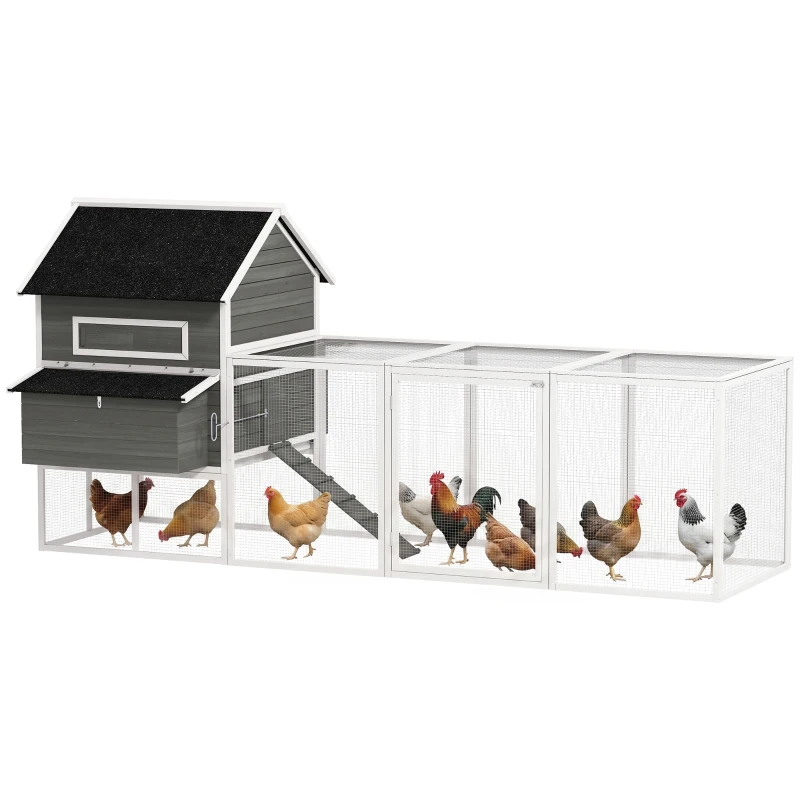 PawHut 137" Wooden Chicken Coop with Chicken Run, Nesting Box, Dark Grey