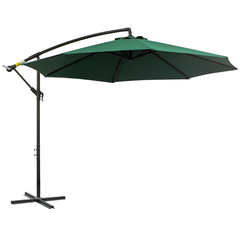 Outsunny 9.7ft Offset Patio UmbrellaCantilever Parasol with Crank Handle, 8 Ribs and Cross Base for Outdoor, Sun Shade, Green