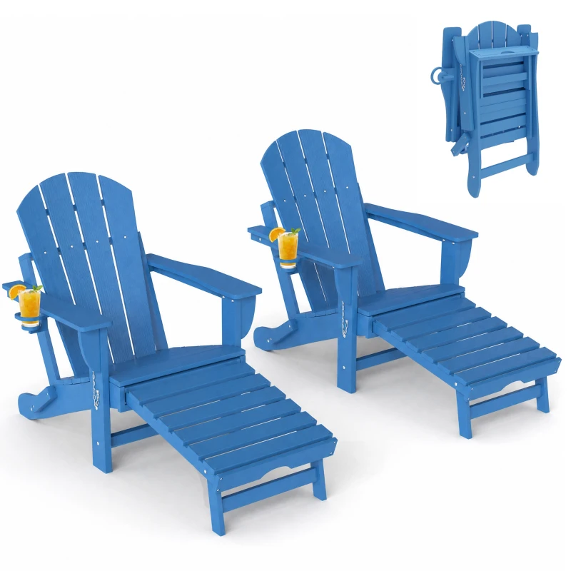 Outsunny Folding Adirondack Chair Set of 2, HDPE Fire Pit Chair with Retractable Ottoman and Cup Holder, Blue