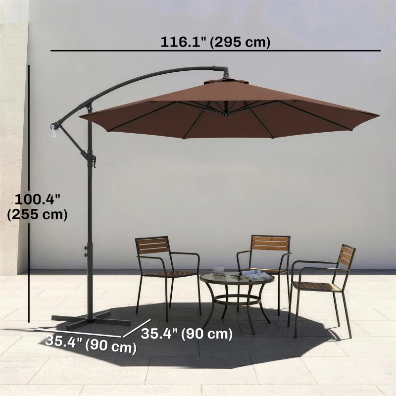 Outsunny 10' Deluxe Patio Umbrella, Outdoor Market Parasol, Banana Hanging Offset Sunshade with Crank, Cross Base, Coffee