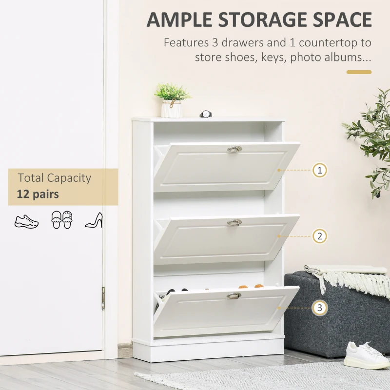 HOMCOM Shoe Cabinet, Narrow Shoe Storage Cabinet with 3 Flip Drawers, Holds 12 Pairs for Entryway, Hallway, White