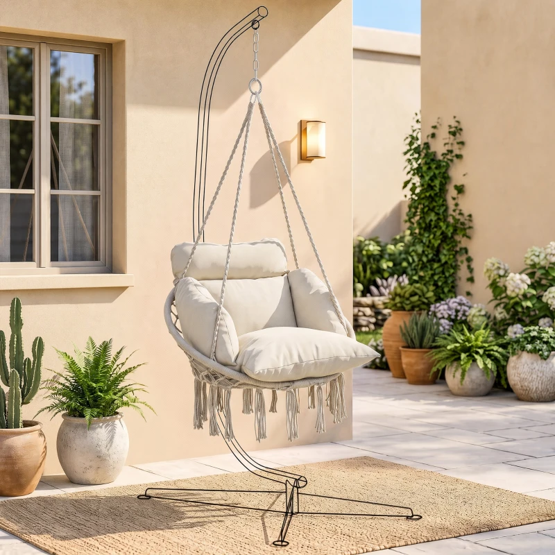 Outsunny Hammock Swing Chair, Macrame Hanging Chair with Large Cushion, Chain, Steel Frame for Indoor Outdoor Use, Cream White