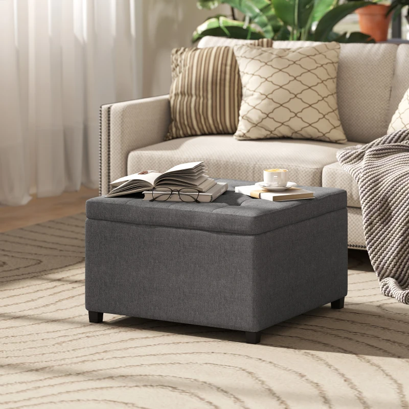 HOMCOM Round Storage Ottoman Bench, Button Tufted Ottoman with Flip Top for Living Room, Entryway and Bedroom, Gray