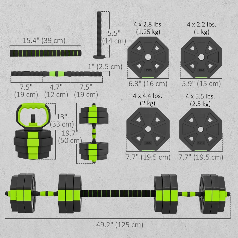 Soozier 6-in-1 Adjustable Dumbbell Set, Used as Kettlebell, Barbell, Dumbbell, Push-Up Stand, 66lbs Free Weights Set, Green