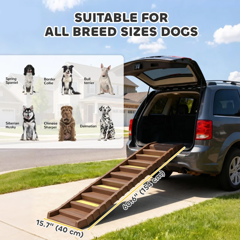 PawHut Foldable Dog Car Ramp, Dog Ramp with Anti-Slip Steps, Pet Stairs for Senior Pets to Access Cars and High Beds, Brown