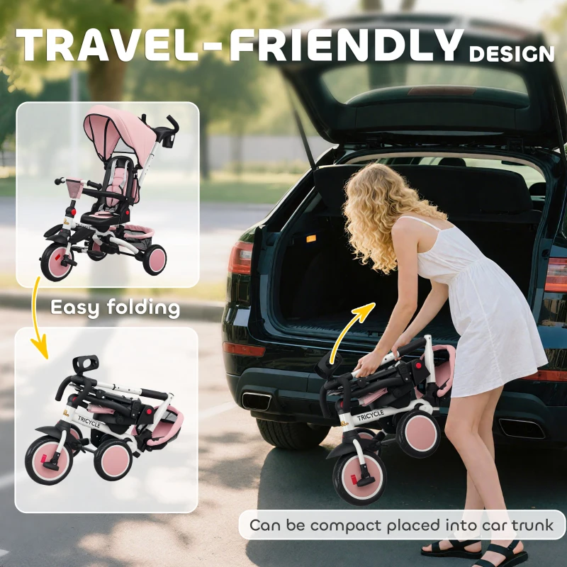 Qaba 6 in 1 Kids Tricycle with Adjustable Push Handle, Removable Canopy, Reversible Seat, for 1-5 Years, Pink