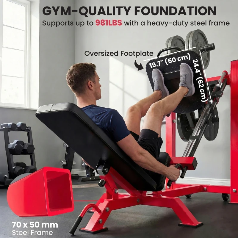 Soozier Leg Press Machine with Wheels and Calf Block, Adjustable Squat Machine for Home Gym, 1000 lbs Capacity
