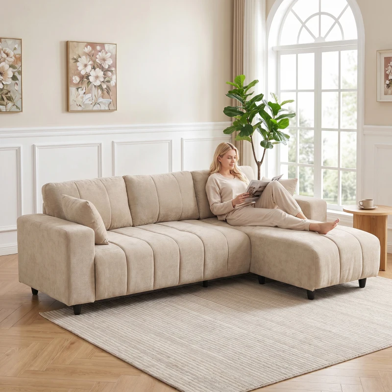 HOMCOM Sectional Couch with Integrated Seat, 3 Seater L-Shaped Sofa with Changeable Chaise, Spring Cushion, 2 Pillows, Beige