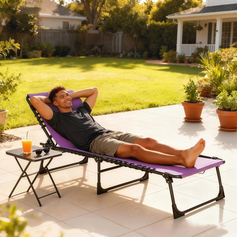 Outsunny Outdoor Folding Lounge Chair, 4-Level Adjustable Chaise Lounge with Headrest, Tanning Chair Beach Bed, Reclining Lounger Cot for Camping, Hiking, Backyard, Purple