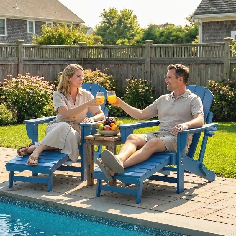 Outsunny Folding Adirondack Chair Set of 2, HDPE Fire Pit Chair with Retractable Ottoman and Cup Holder, Blue