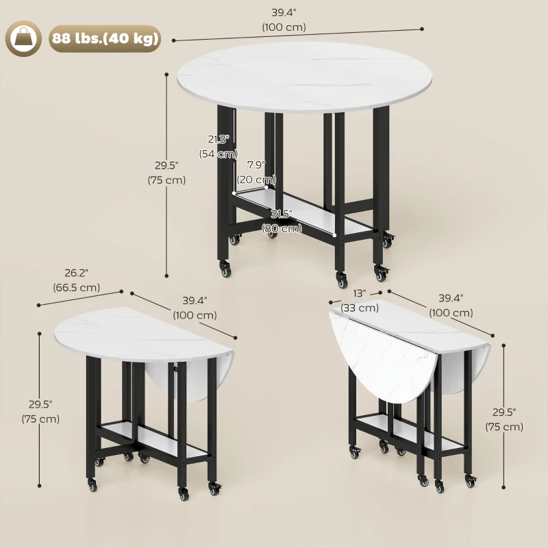 HOMCOM Folding Dining Table, Drop Leaf Table with Open Shelf, Rolling Kitchen Table for Dining Room, Small Spaces, White Marble