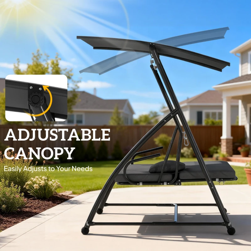 Outsunny Patio Swing Chair, 3 Person Convertible Hammock, Outdoor Swing Lounge Bed, Cushioned with Tilt Canopy, Dark Grey