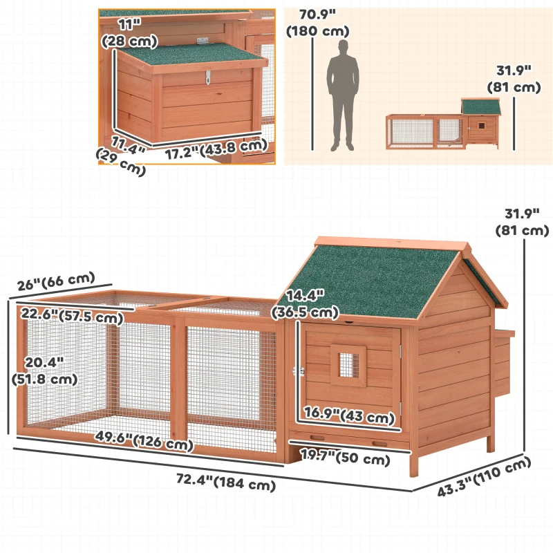 PawHut 72" Chicken Coop, Wooden Hen House for 2 Chickens, Poultry Cage with Run, Nesting Box, Removable Tray, Waterproof Roof