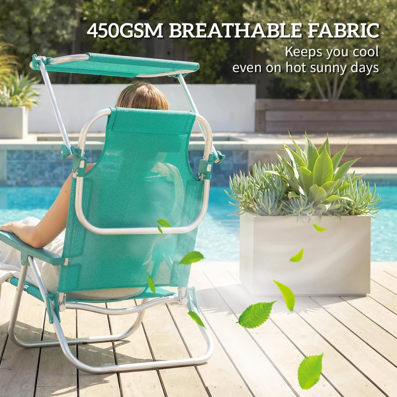Outsunny 2 Piece Folding Beach Chairs with Adjustable Canopy, 6-Position Reclining Lounge Chair with Headrest, Turquoise