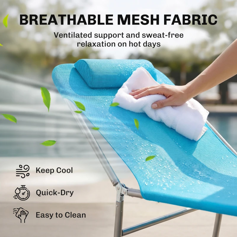 Outsunny Outdoor Lounge Chair, Portable Adjustable Reclining Seat Folding Chaise Lounge Patio Camping Beach Tanning Chair Bed with Pillow, Blue