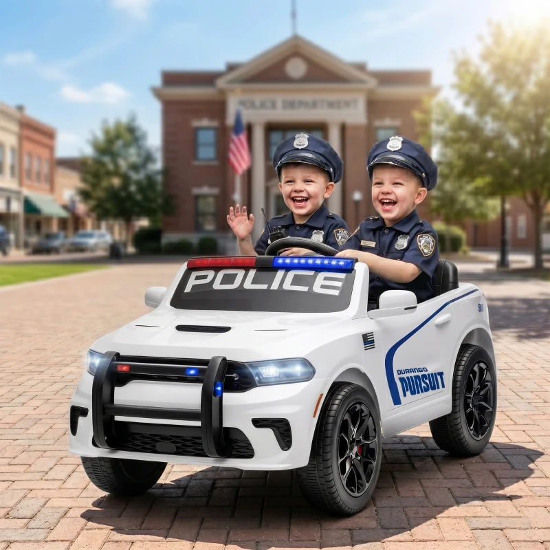 Qaba Licensed Dodge Ride On Police Car for Kids with 2 Seater, Remote, Suspension, Flashing Lights, Siren for Ages 3-6, White