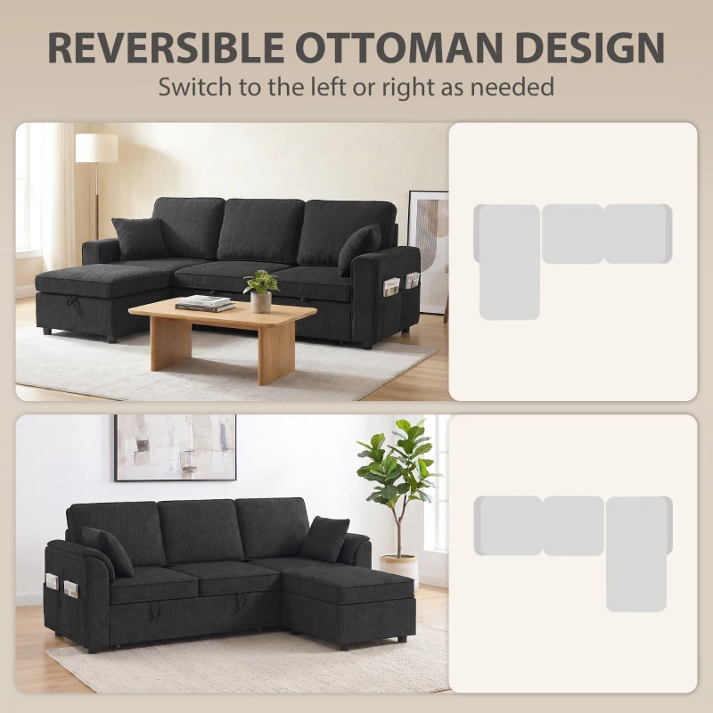 HOMCOM Sectional Sofa Bed Reversible Pull Out Sleeper Sofa Storage Ottoman, Black
