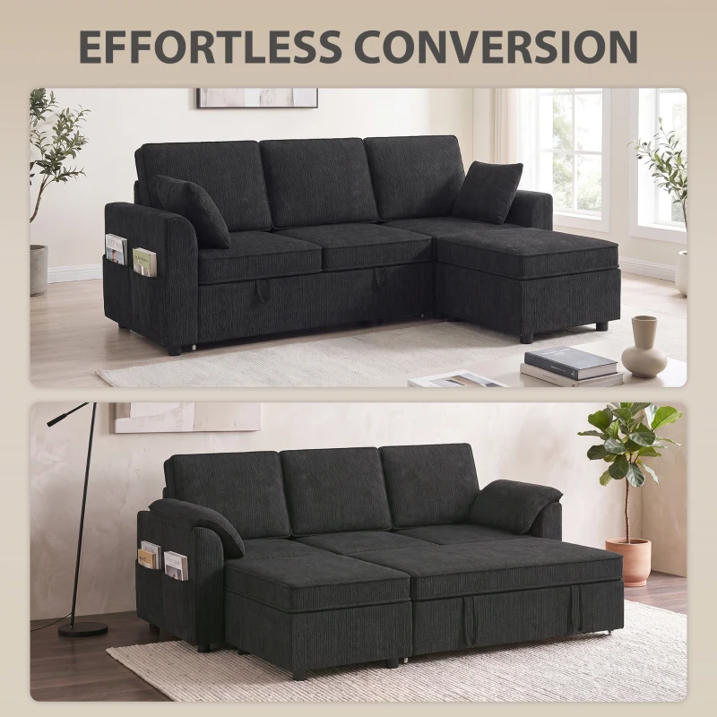 HOMCOM Sectional Sofa Bed Reversible Pull Out Sleeper Sofa Storage Ottoman, Black
