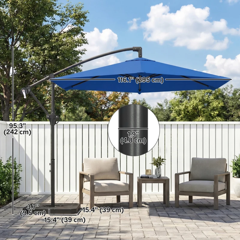 Outsunny 9.7 ft Offset Patio Umbrella with Water/Sand Fillable Weights, Garden Hanging Parasol with Locking Latch, Navy Blue