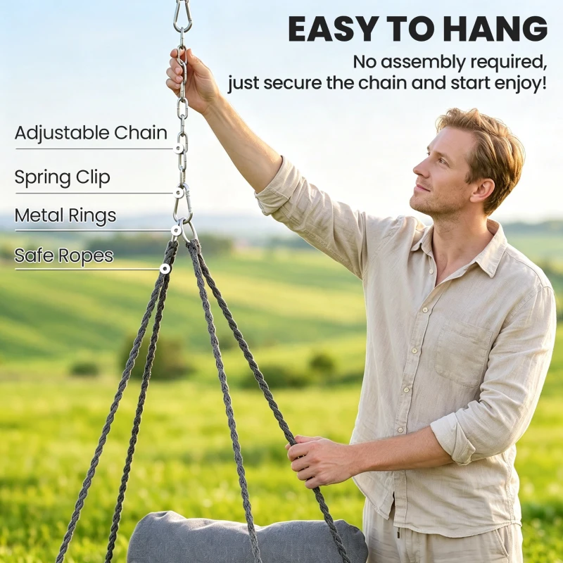 Outsunny Hammock Swing Chair, Macrame Hanging Chair with Large Cushion, Chain, Steel Frame for Indoor Outdoor Use, Dark Gray