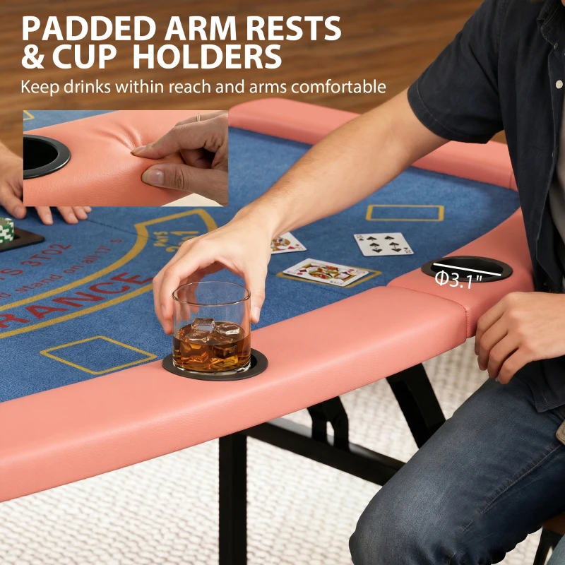 Soozier Poker Table Foldable, 72" Portable Casino Blackjack Table for 8 Players with Felt Surface, Cup Holders, Blue