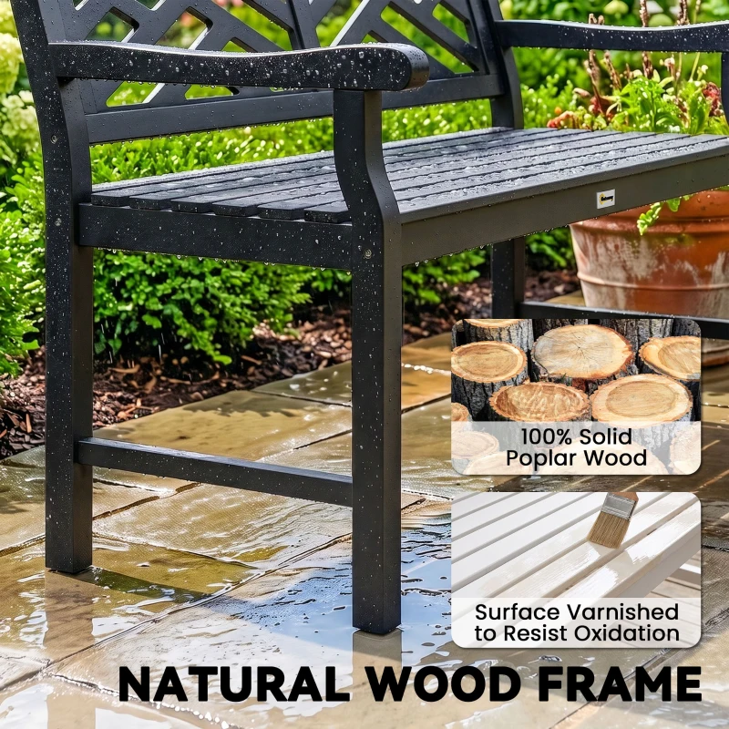 Outsunny 46" Outdoor Bench, Wooden Patio Loveseat with Slatted Frame and Armrests, 2 Seater Garden Bench for Porch, Lawn, Black