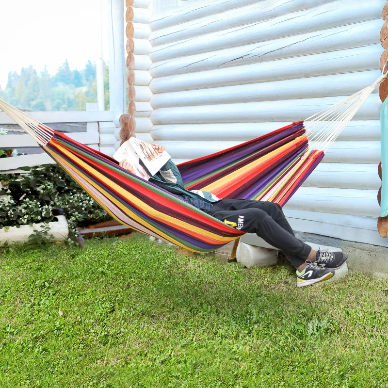 Outsunny 114" Outdoor Hammock, Extra Large Brazilian Style Hammock Cotton, Portable Hanging Camping Bed for Patio Backyard Lounging w/ Carrying Bag, Rainbow Stripe, Multi-colour