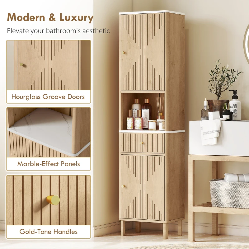 HOMCOM 66" Tall Bathroom Cabinet, Freestanding Slim Bathroom Storage Cabinet with Silent-Glide Drawer, Adjustable Shelves, Oak