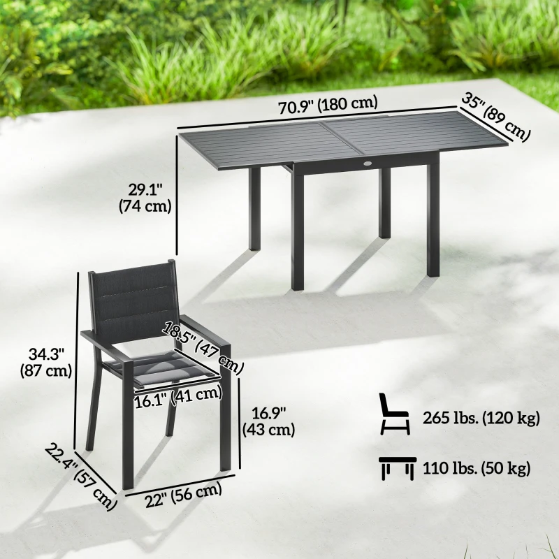 Outsunny Patio Dining Set for 6, Aluminum Expandable Outdoor Table and 6 Stackable Chairs with Padded Back, Mesh Seat, Black