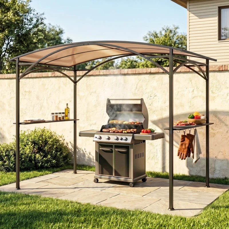 Outsunny 8' x 5' Hardtop Grill Gazebo, Outdoor BBQ Gazebo with PC Board Roof, BBQ Canopy Gazebo with 2 Side Shelves and 5 Hooks
